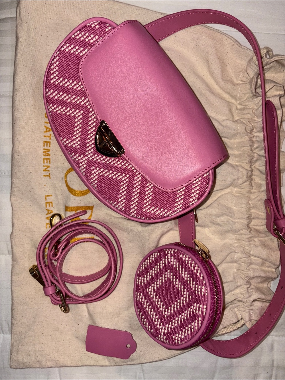 Pink OLORI  Patterned Crossbody/ Belt Bag with Round Coin Pouch